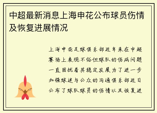 中超最新消息上海申花公布球员伤情及恢复进展情况